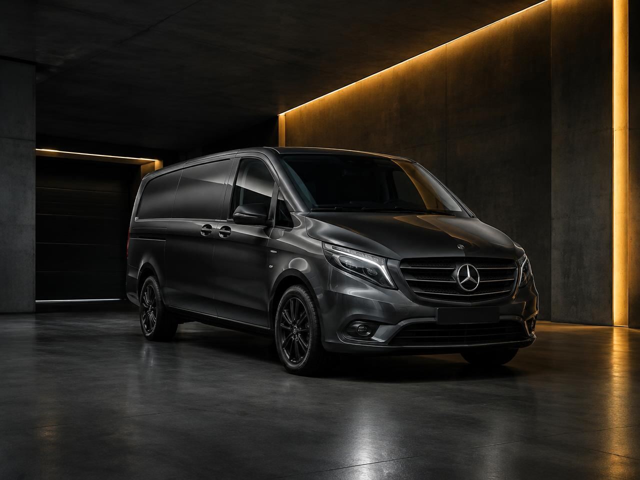 Donkergrijze bedrijfsbus in een moderne garage